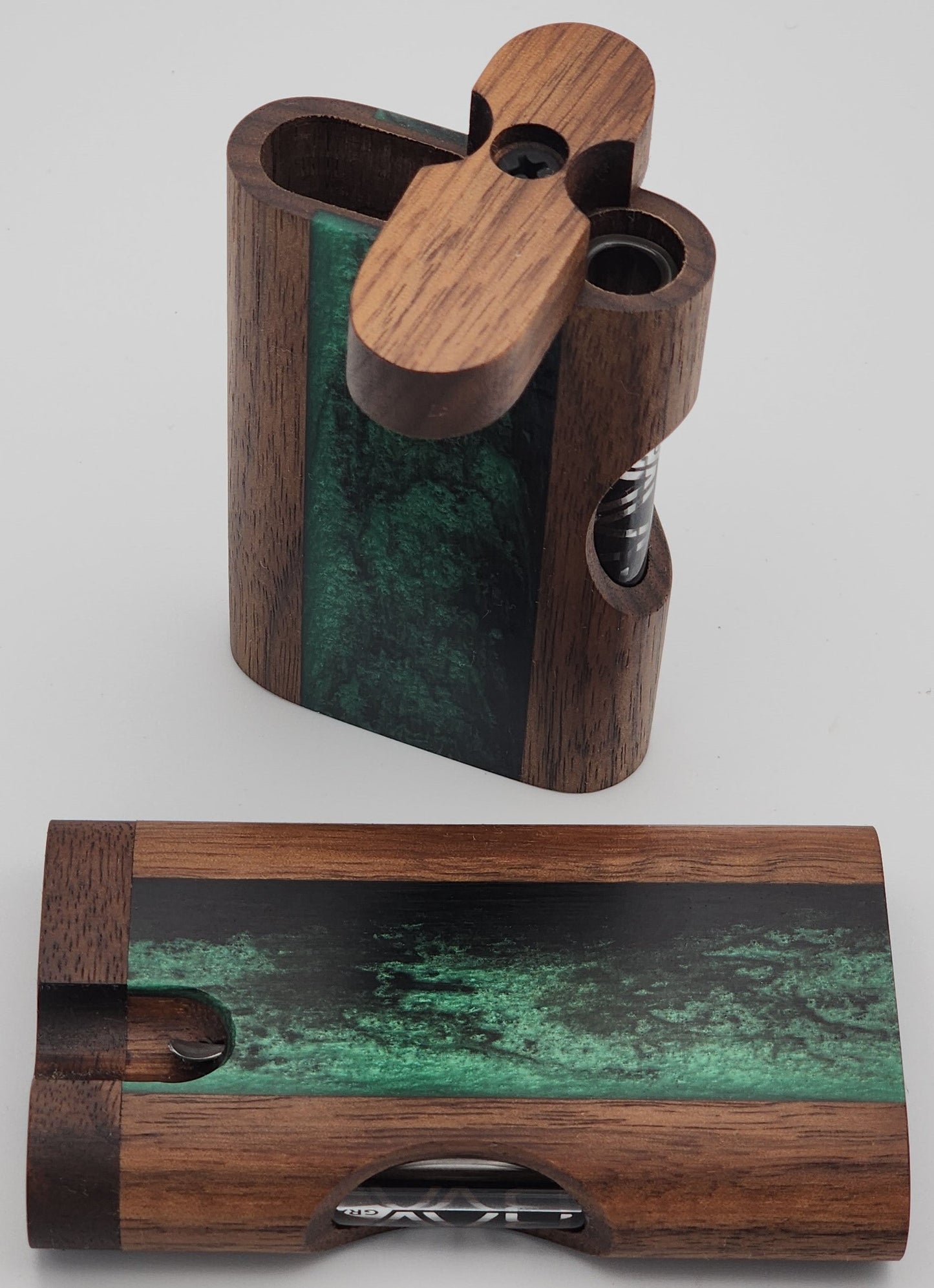 Zombieboxx Dugouts - Chillum Box - With 3" Glass Chillum & Stainless Steel Poker - Premium Black Walnut - Black Resin Epoxy